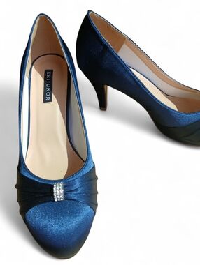 Erijunor Size 9 Navy Satin Peep-Toe Heels with Rhinestone Accent